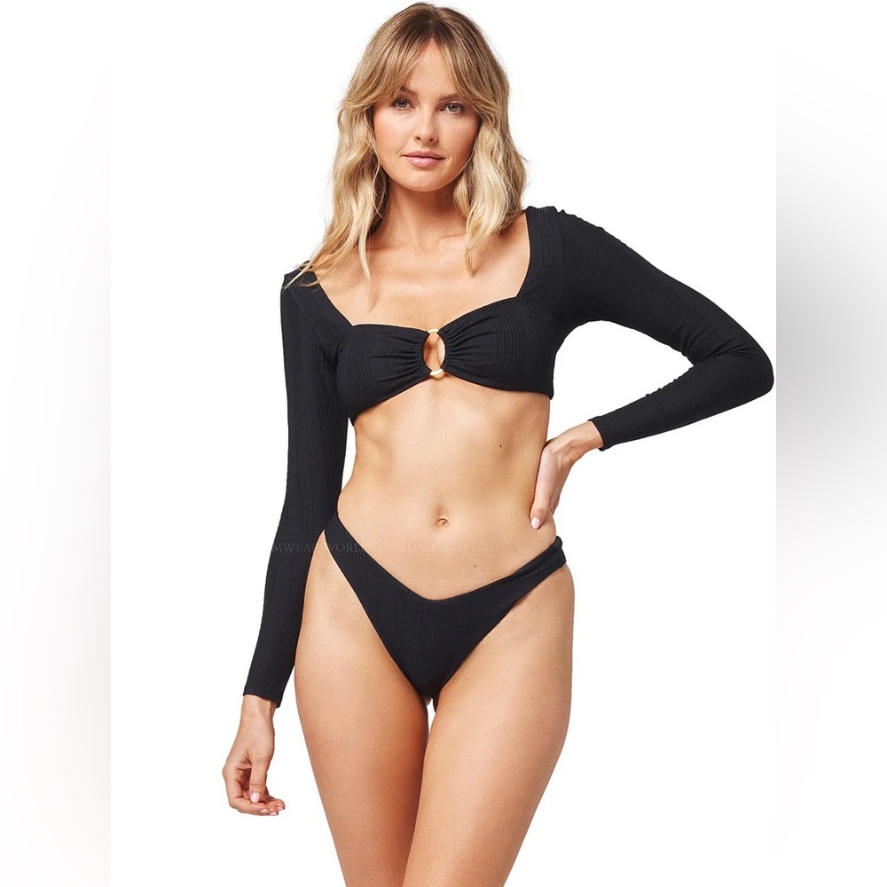 NWT L*Space Black Ribbed Beatrix Top Lennox Side Tie Bottoms Bikini Set Large